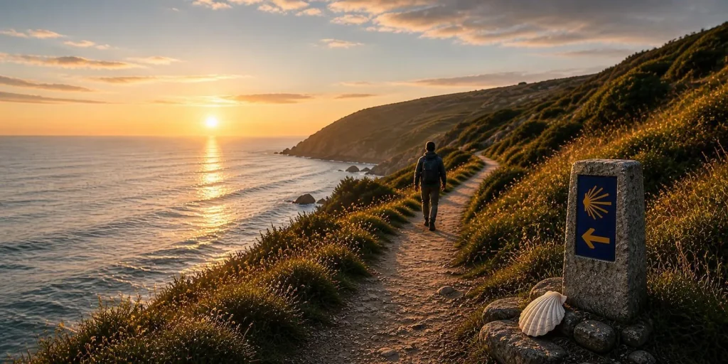 A pilgrim walking to muxia, spain along the Camino de Santiago