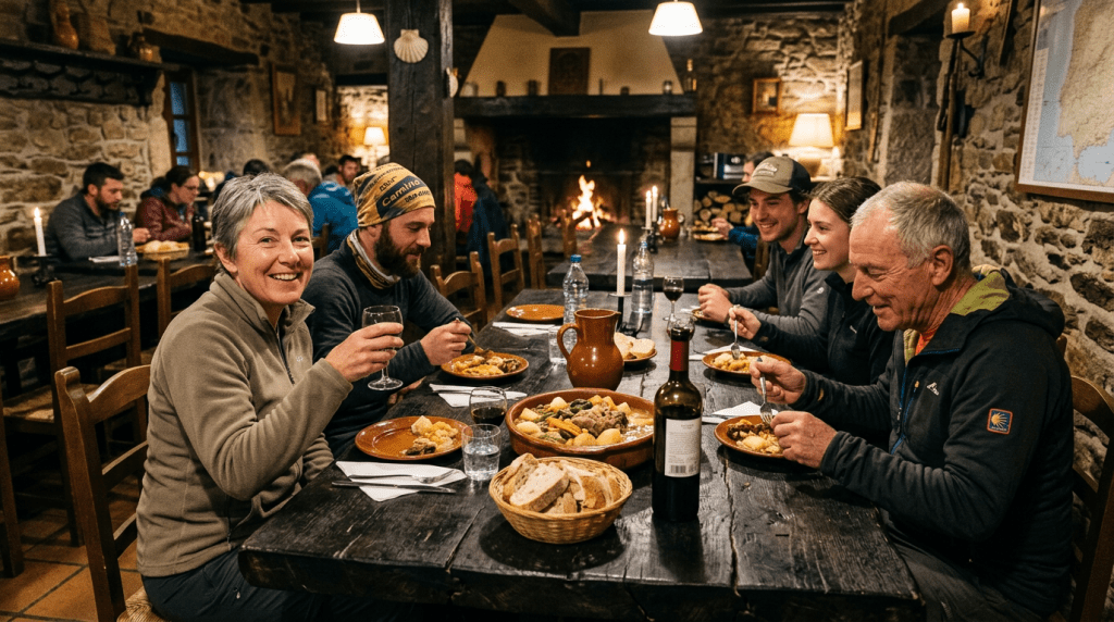 Group eating dinner together at a long wooden table in a rustic room with stone walls and a fireplace